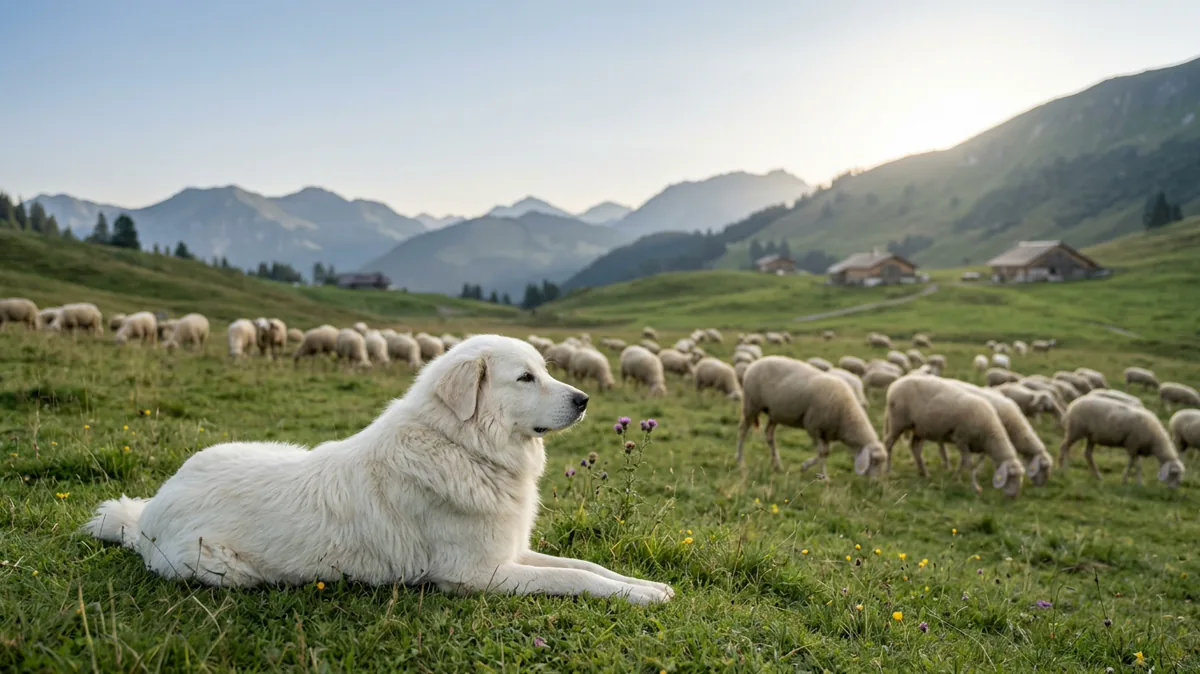 Weißer Herdenschutzhund liegt ruhig neben Schafen auf einer Bergwiese