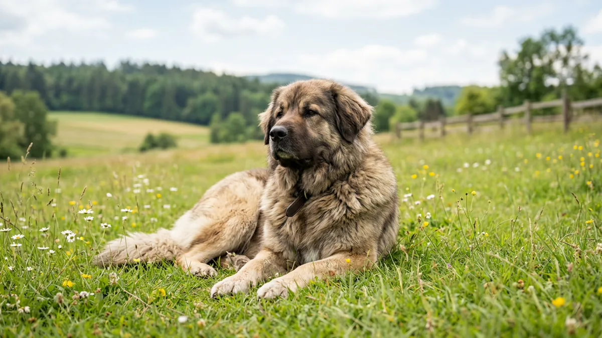 Großer zotteliger Hund liegt ruhig auf einer Wiese im Morgenlicht