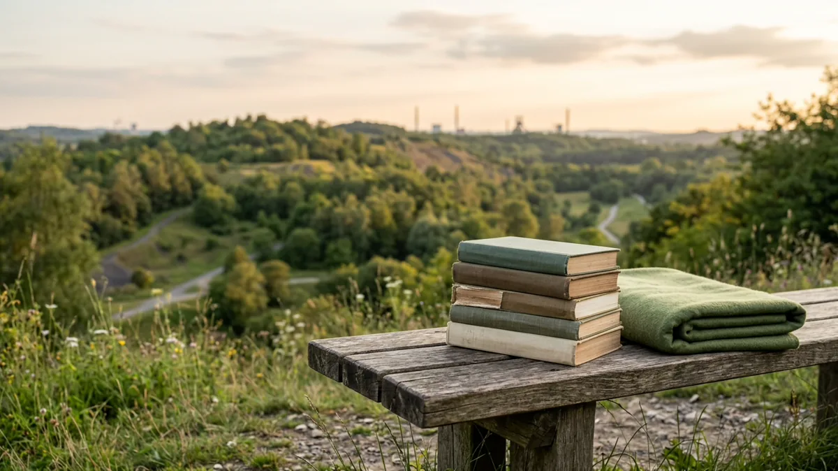 Bücher auf einer Bank vor einer Halde im Ruhrgebiet