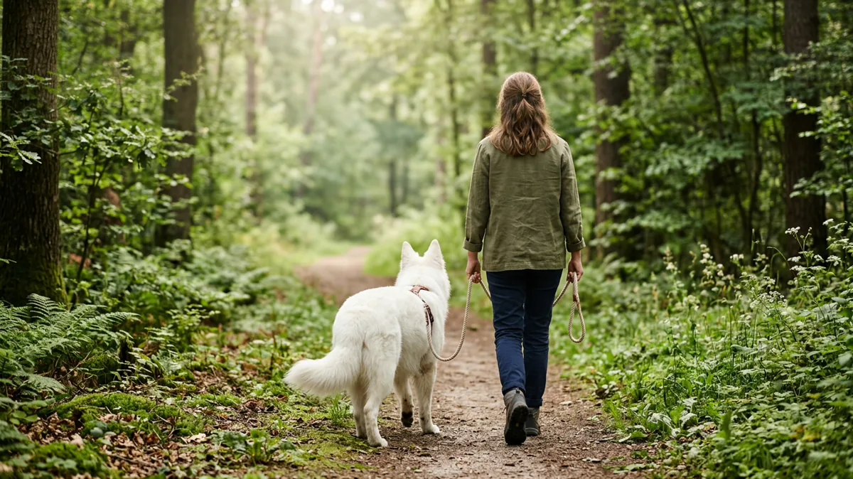 Großer weißer Hund geht an lockerer Leine auf einem ruhigen Waldweg